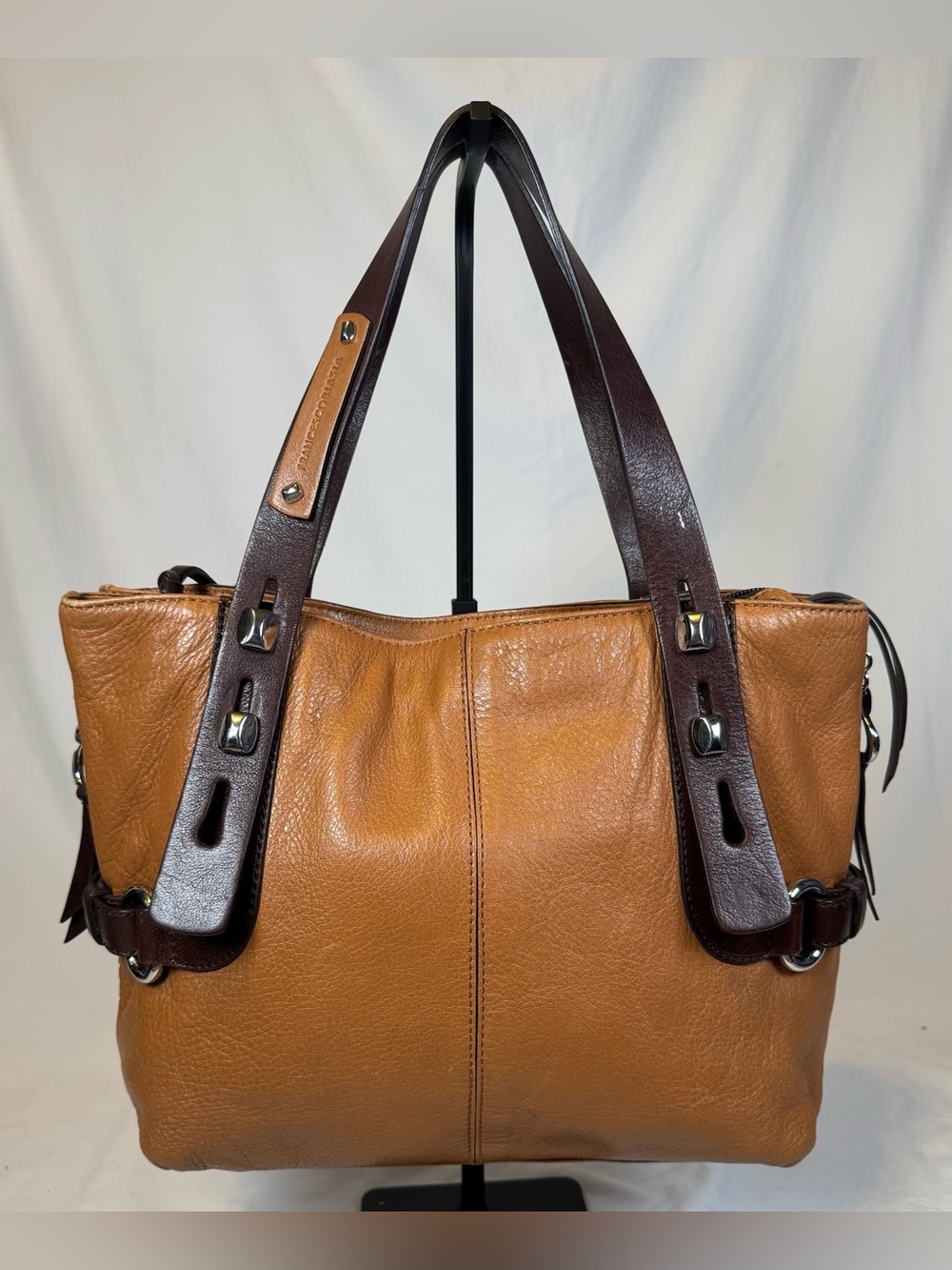 Francesco Biasia Leather Zip Stud Strap Purse Caramel VTG